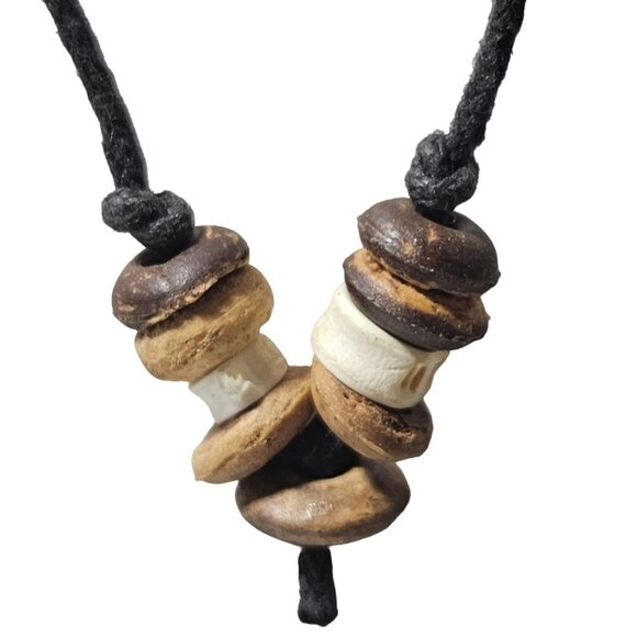 Handmade Abalone Shell Pendant Necklace Wood Beads Cord Boho Beach Core Jewelry - Picture 3 of 5